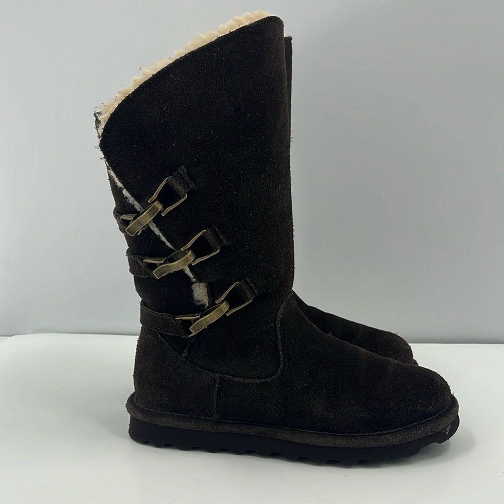 BearPaw Jenna Tall Chocolate Brown Leather Suede Sherpa Wool Winter Boots 6